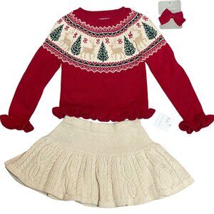 Tahari Girls Sweater‎ & Skirt Set W/ Bow & Tree Design Cable Knit Skirt S 2T NWT